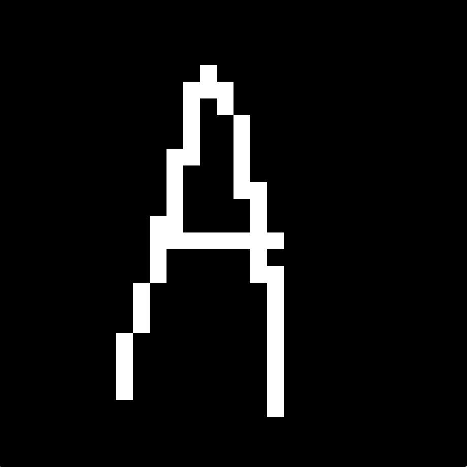A pixelated, handwritten letter 'A' in a black background.