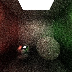 Standard raytraced image of cornell box, with red and green walls, and two spheres.